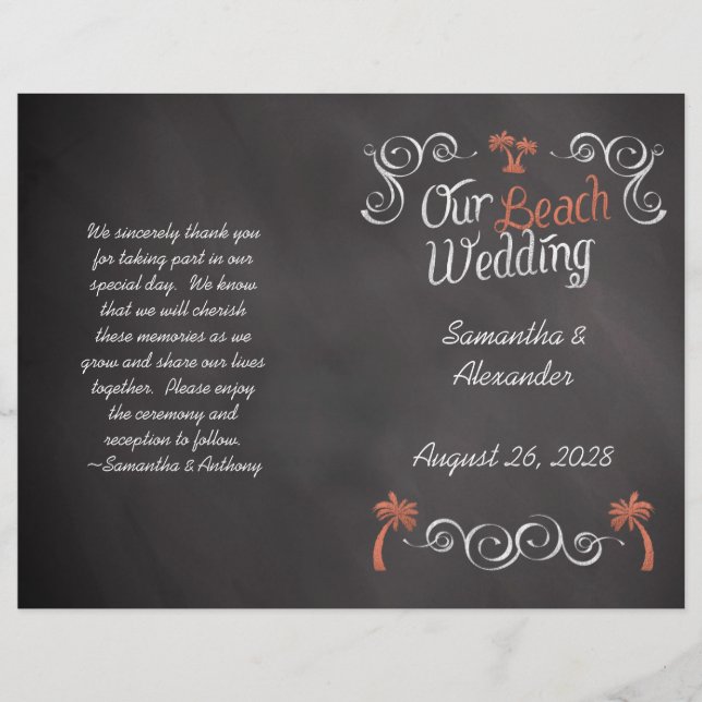 Coral Chalkboard Script Beach Wedding Programme (Devant)