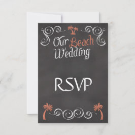 Coral Chalkboard Script Beach Wedding RSVP Karte