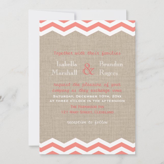 Coral Chevrons auf Einladung von Burlap Wedding (Vorderseite)