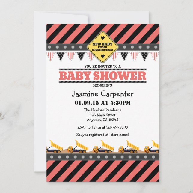 Coral Construction Baby Shower Einladung (Vorderseite)