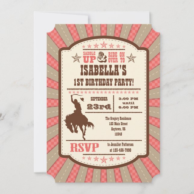Coral Cowboy Rodeo Anniversaire Fête Invitation (Devant)
