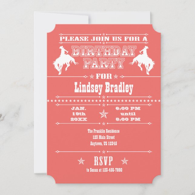 Coral Cowboy Rodeo Anniversaire Fête Invitation (Devant)