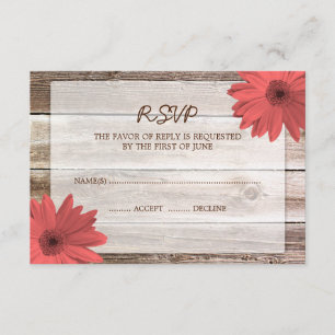 Coral Daisy Barn Wood Wedding RSVP Response Card