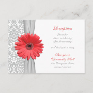 Coral Daisy Gray Damask Wedding Empfang Card Begleitkarte