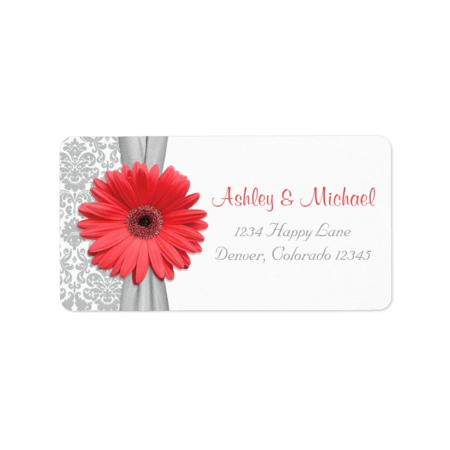 Coral Daisy Gray Damask Wedding Rücksendeadresse Adressaufkleber (Vorne)