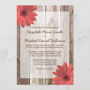 Coral Daisy Rustic Barn Wood Wedding Einladung