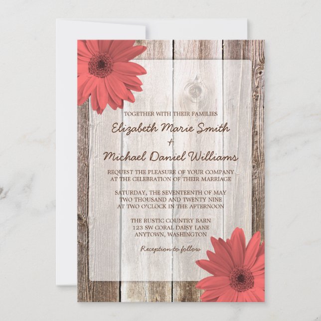 Coral Daisy Rustic Grange Faire-part de mariage en (Devant)