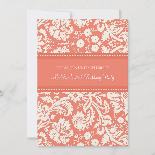 Coral Damask 75th Birthday Party Invitations (Devant)