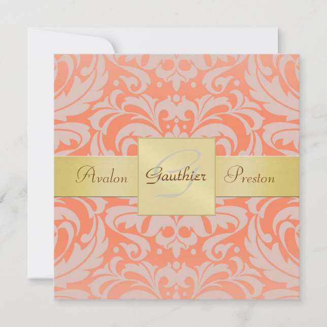 Coral Damask Monogramme Gold Ribbon Invitation (Devant)