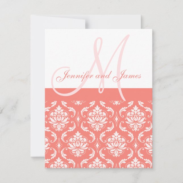 Coral Damask Monogrammes Noms RSVP Cartes de répon (Devant)
