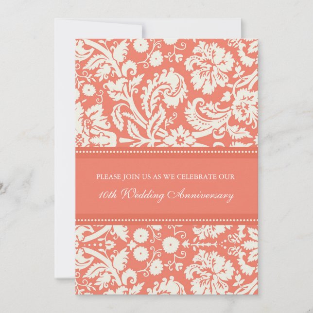 Coral Damask Party Einladung zum 10. Jubiläum (Vorderseite)
