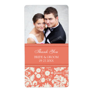Coral Damask Photo Wedding Étiquettes