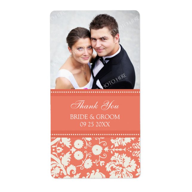 Coral Damask Photo Wedding Étiquettes (Devant)