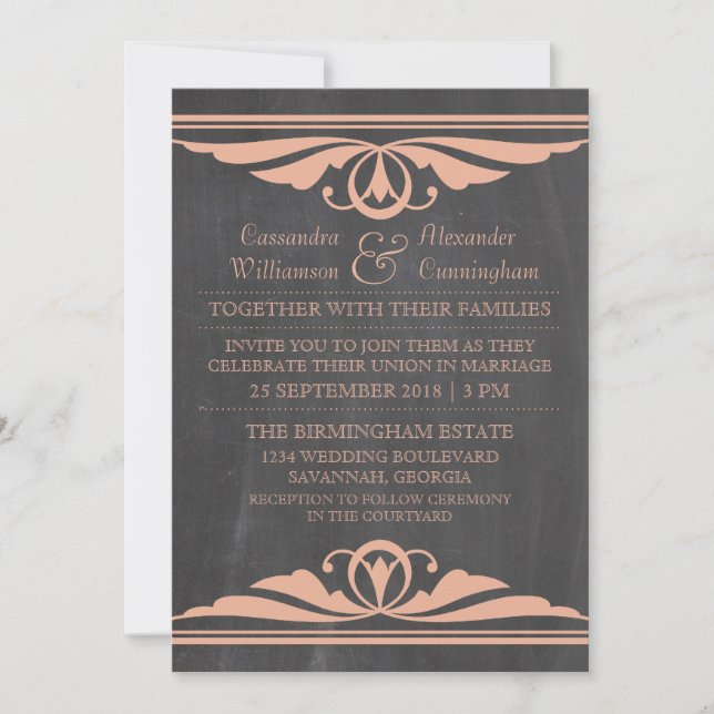 Coral Deko Chalkboard Wedding Einladung (Vorderseite)