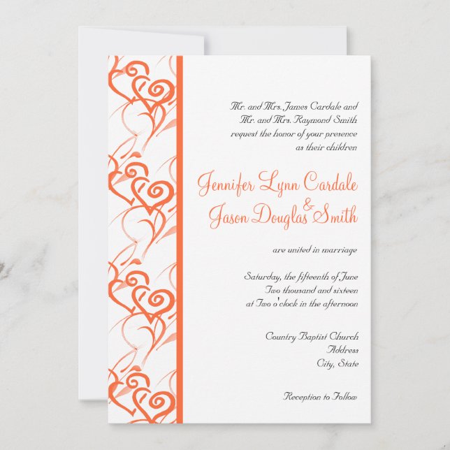 Coral Double Heart Wirbel Hochzeit Einladungen (Vorderseite)