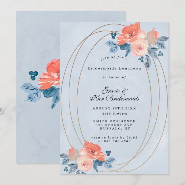 Coral Dusty Blue Gold Bridesmaids Luncheon Invites (Vorne/Hinten)
