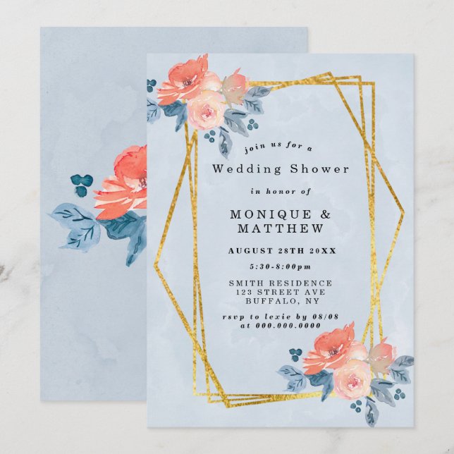 Coral Dusty Blue Gold Floral Polterabend laden (Vorne/Hinten)