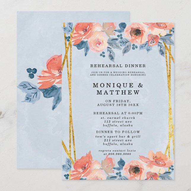 Coral Dusty Blue Gold Peony Probe Dinner Einladung (Vorne/Hinten)