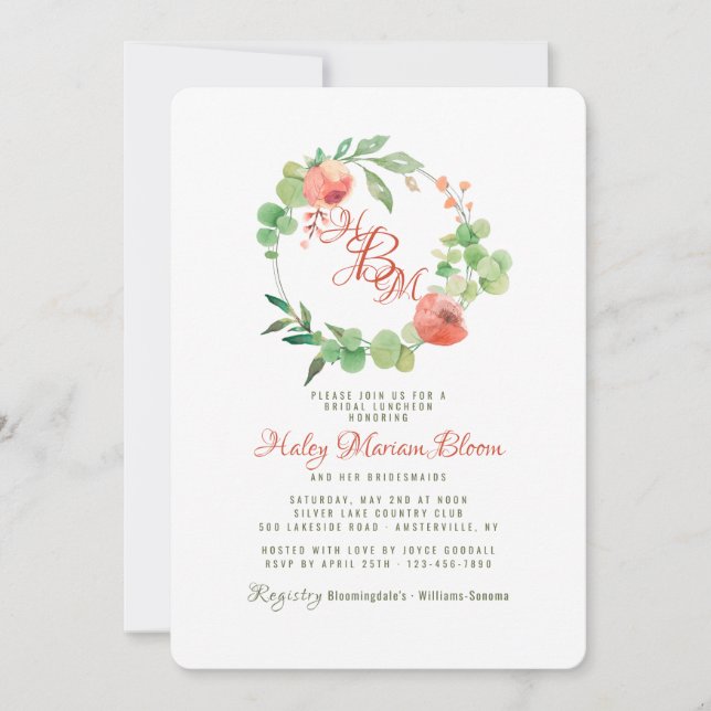 Coral Essence Bridal Luncheon Dusche Einladung (Vorderseite)