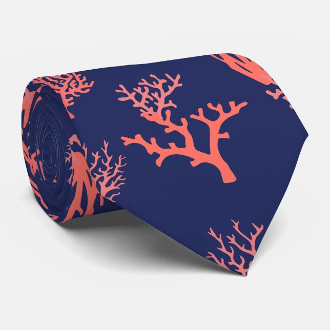 Coral et Marine Blue Groom Beach Cravate de mariag (Roulé)