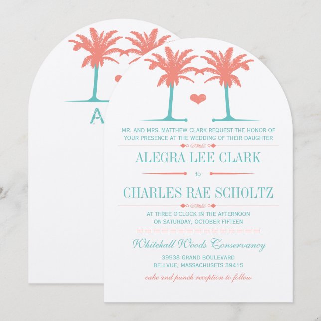 Coral et Neo Mint Beach Typographie Invitation (Devant / Derrière)