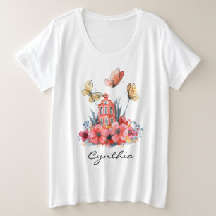 Coral Fairytale House Blume & Schmetterlinge Große Größe T-Shirt