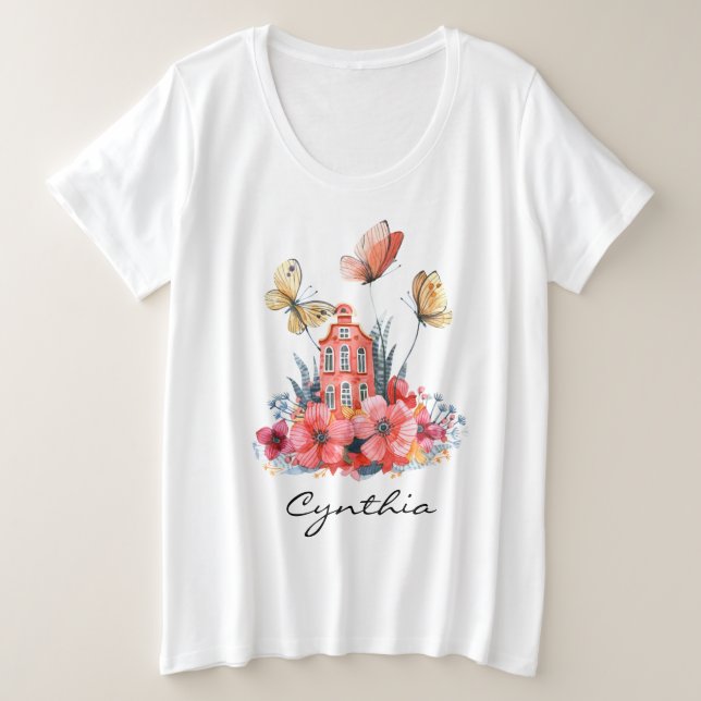 Coral Fairytale House Blume & Schmetterlinge Große Größe T-Shirt (Design vorne)