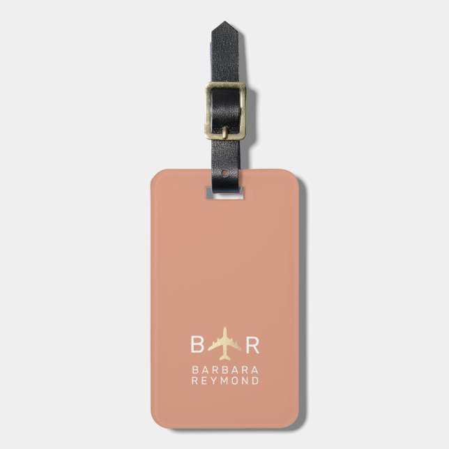 Coral Flamingo Modern Monogram Airplane Travel Gepäckanhänger (Vorderseite vertikal)
