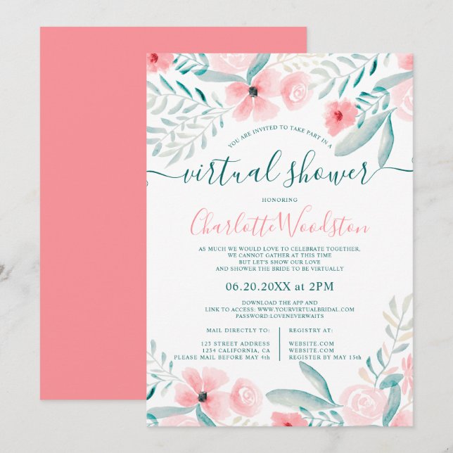Coral floral Aquarell Skript virtuelle Dusche Einladung (Vorne/Hinten)