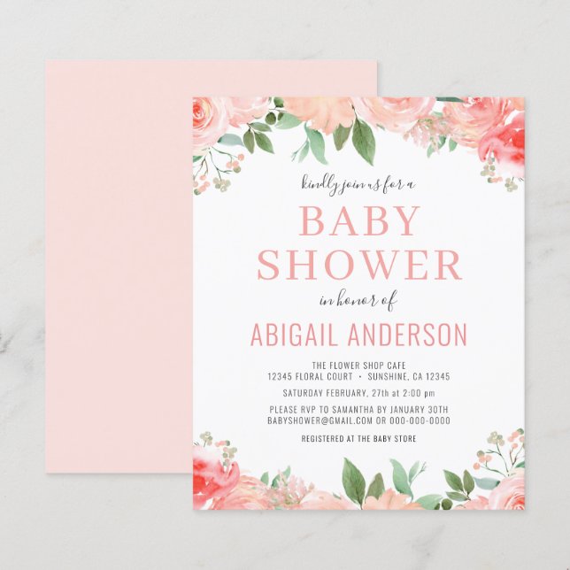 Coral Floral Baby Dusche Budget Einladung (Vorne/Hinten)