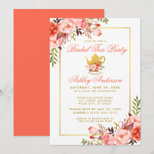 Coral Floral Brautparty Tee Party Gold Einladung