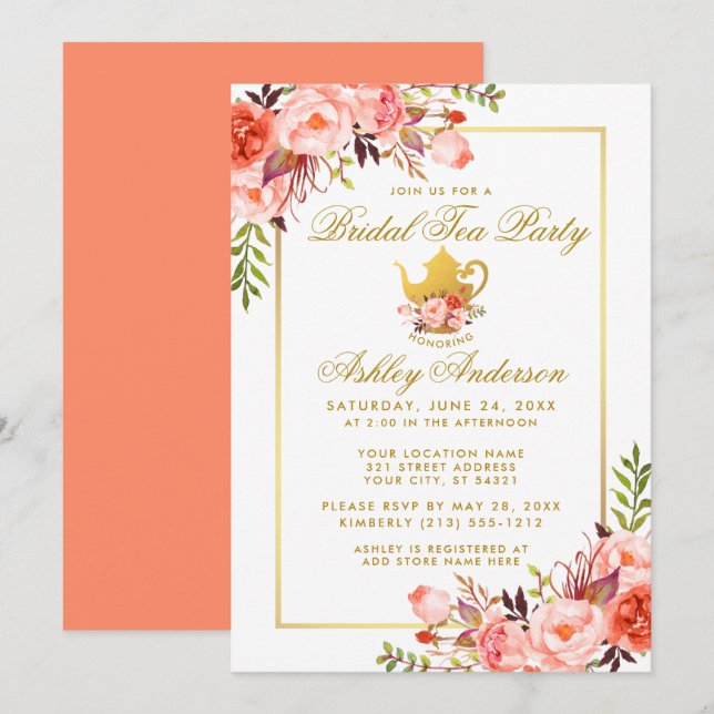 Coral Floral Gold Brautparty Tee Party Einladung (Vorne/Hinten)