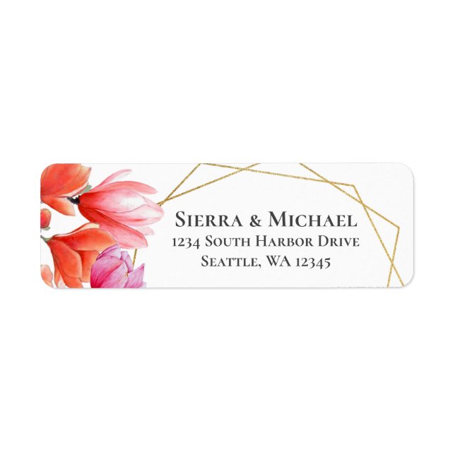 Coral Floral Gold Geometric Wedding Rücksendeadres (Vorne)