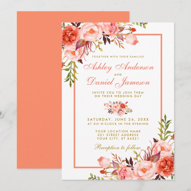 Coral Floral Gold Hochzeit Einladung (Vorne/Hinten)