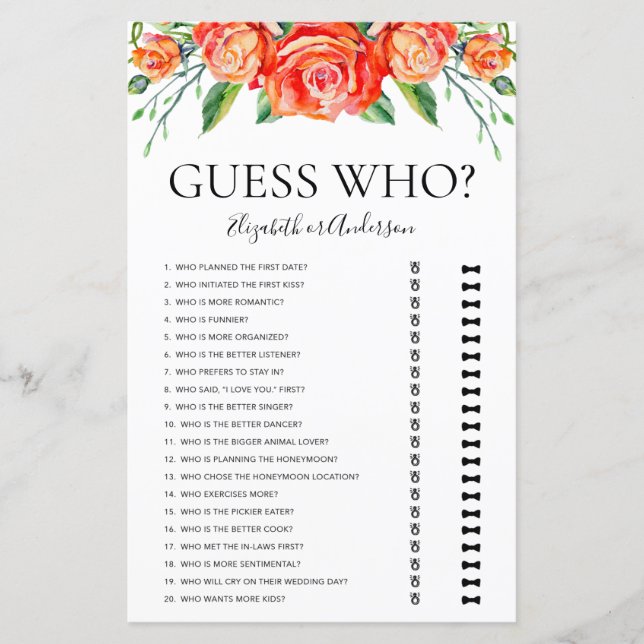 Coral Floral Guess Wer Brautparty Game (Vorderseite)