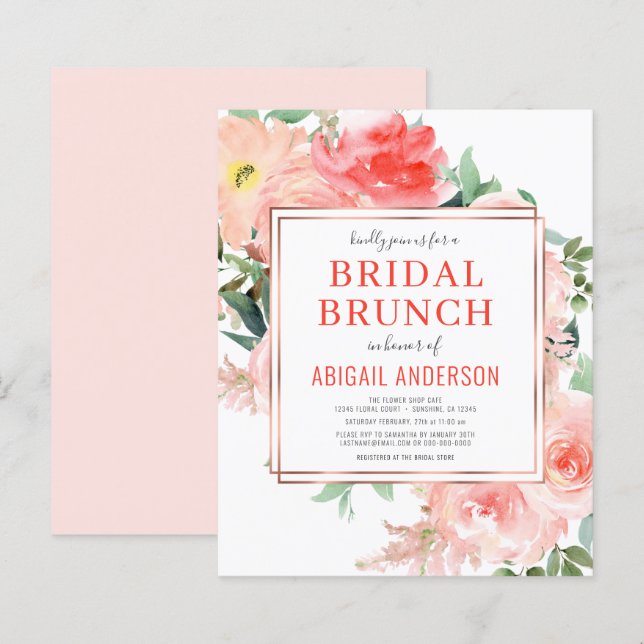 Coral Floral Peach Bridal Brunch Einladung (Vorne/Hinten)