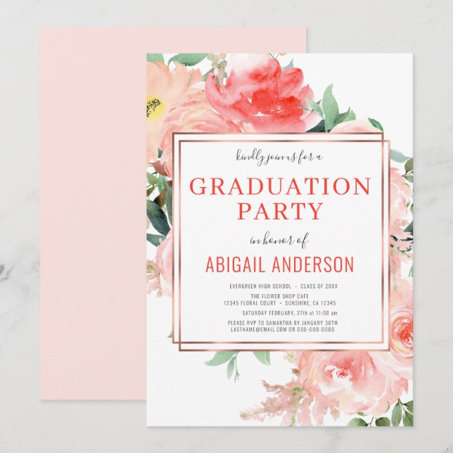 Coral Floral Peach Modern 2023 Grad Party Einladung (Vorne/Hinten)
