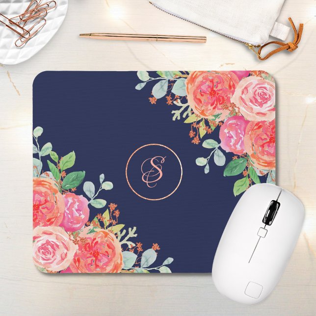 Coral Floral Rose Gold Glitzer Monogram Navy Mousepad (Von Creator hochgeladen)