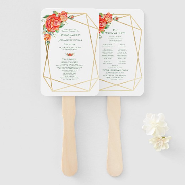 Coral Floral Rose Wedding Hand Fan Programm Fächer (Vorne und Hinten)