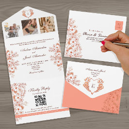 Coral Floral Rustic Chic Wedding All In One Einladung