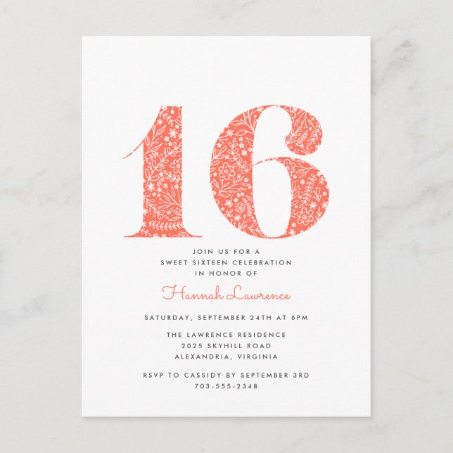 Coral Floral Sweet 16 Anniversaire Invitation (Devant)