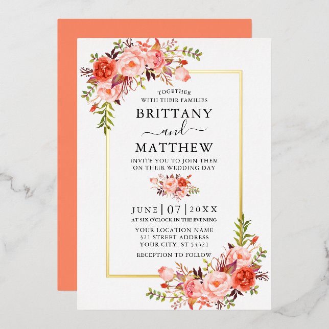 Coral Floral Wedding Gold Folieneinladung (Vorderseite/Rückseite)