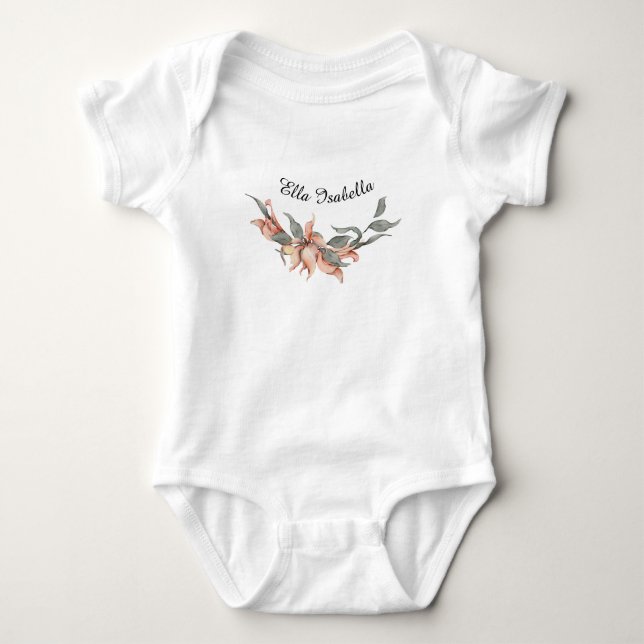 Coral Floral Wreath Personalisiert Name Baby Strampler (Vorderseite)