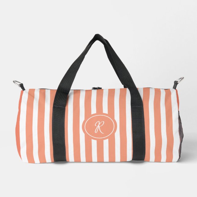 Coral French Beach Stripe Personalisiert Monogram Duffle Bag (Vorderseite)