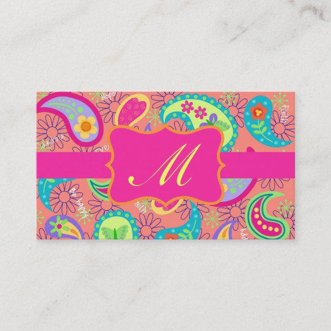 Coral Fuchsia Pink Modern Paisley Monogram Visitenkarte (Vorderseite)