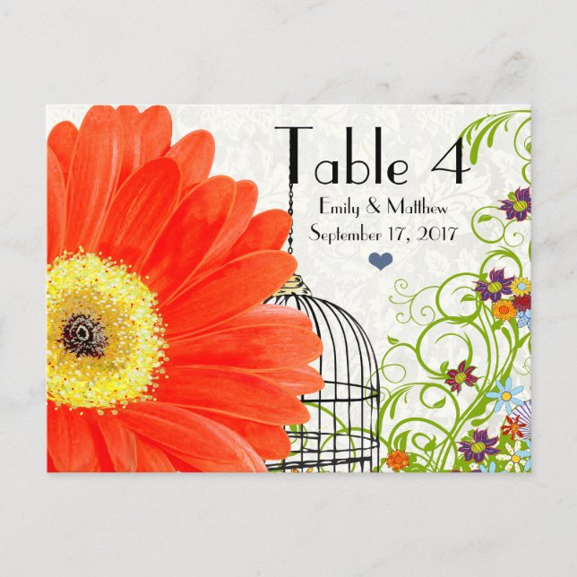 Coral Gerber Daisy Bird Cage Tischnummer (Vorderseite)