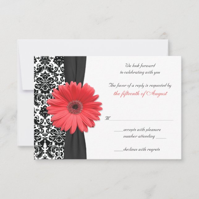 Coral Gerber Daisy Damask Wedding Reply Card REV RSVP Karte (Vorderseite)