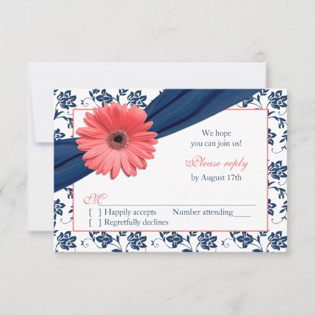 Coral Gerber Daisy Navy Damask Floral Wedding RSVP (Vorderseite)