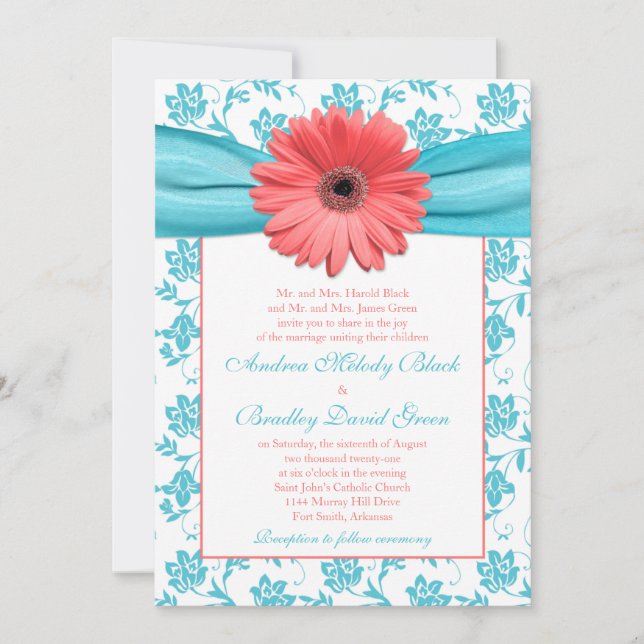 Coral Gerbera Daisy Aqua Floral Wedding Einladung (Vorderseite)