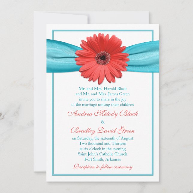 Coral Gerbera Daisy Aqua Ribbon Wedding Einladung (Vorderseite)